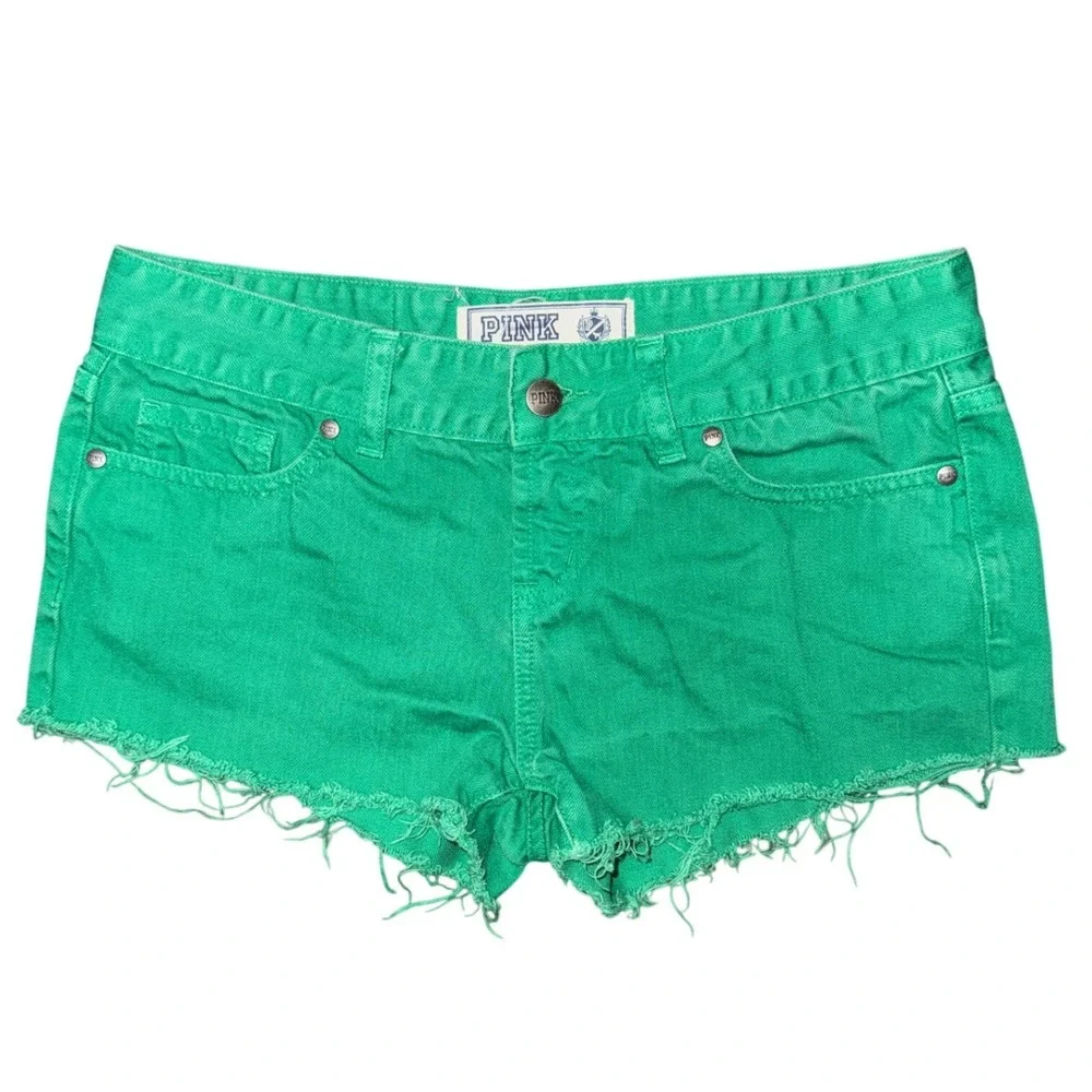 PINK Victoria's Secret Green Denim Y2K Cutoff Mini Shorts Raw Hem Preppy Summer